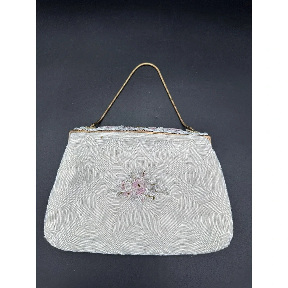 RARE VINTAGE PETITE POINT BEADED HOMEMADE IN‎ FRANCE FLORAL HANDBAG